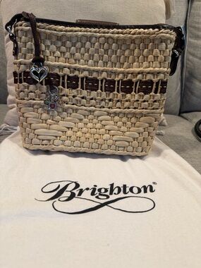 Brighton Natural Straw Crossbody with Brown Trim and Heart Charm